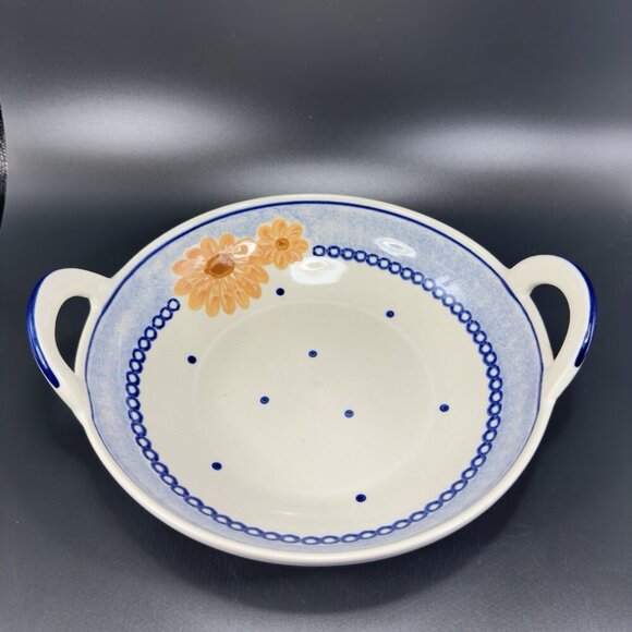 Vintage German Pottery Tray Dish Bowl With Handles Hand Made With Flower Design - Picture 1 of 12